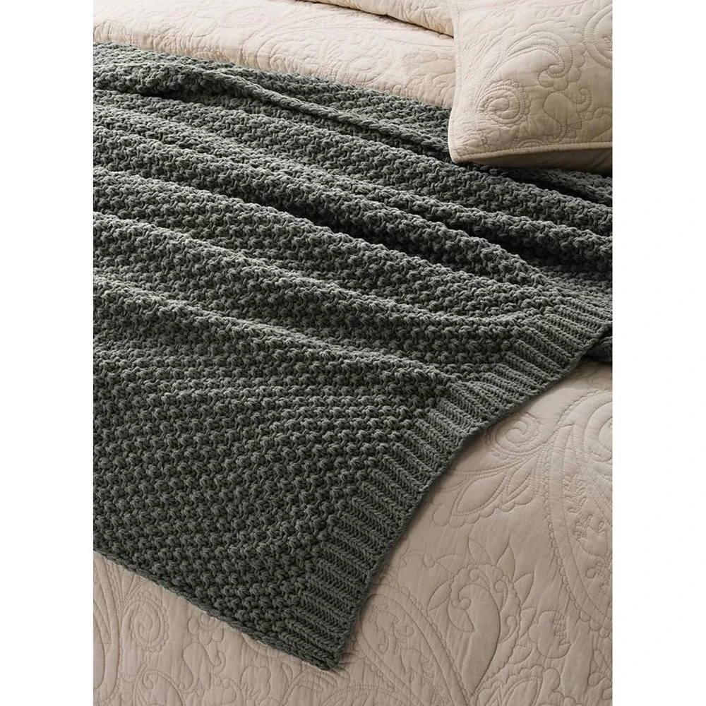 Evergrace Chenille Moss Stitch Throw Blanket Charcoal Grey 50x60 Chunky Knit NEW